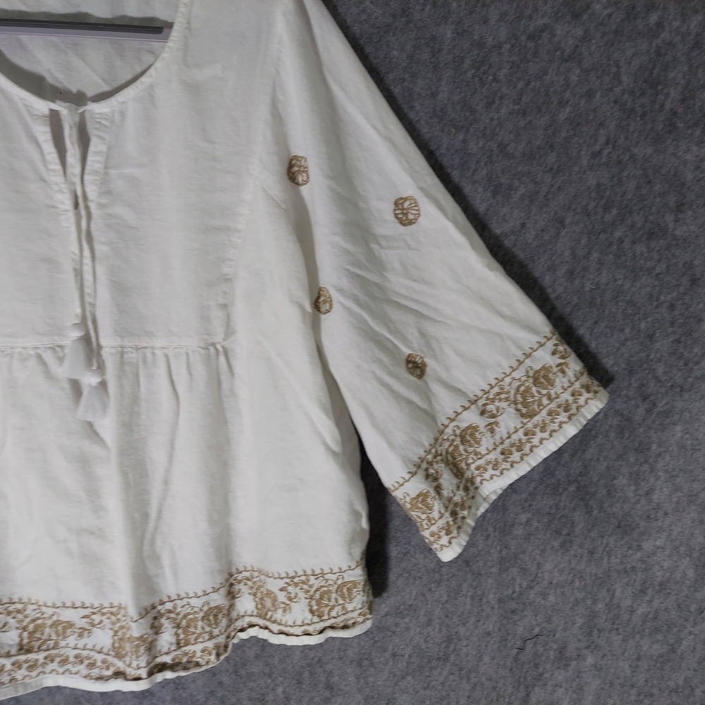 J. Jill Linen Embroidered Peasant Top XL Petite White Boho Festival Tassel Tie - Picture 3 of 8